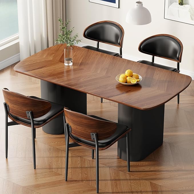 Dining Chairs Set of 8, Mid-Century Modern Upholstered PU Leather Chairs with Walnut Bentwood Back and Metal Legs Adjustable Feet for Kitchen Dining Room, Black PU