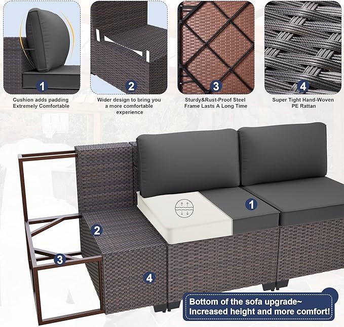 Kurapika 9 Pieces Patio Furniture Set, Rattan Wicker Outdoor Conversation Sets w/4 Inch Cushion and Glass Coffee Table(Grey)