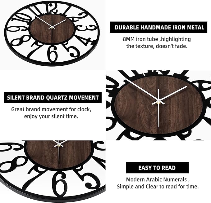 1st owned Large Wall Clock for Living Room Decor- 32" Decorative Antique Silent Little Ticking Battery Operated,Black Metal,Wood Clocks for Farmhouse,Dining Room,Bedroom,Kitchen - Arabic Numerals