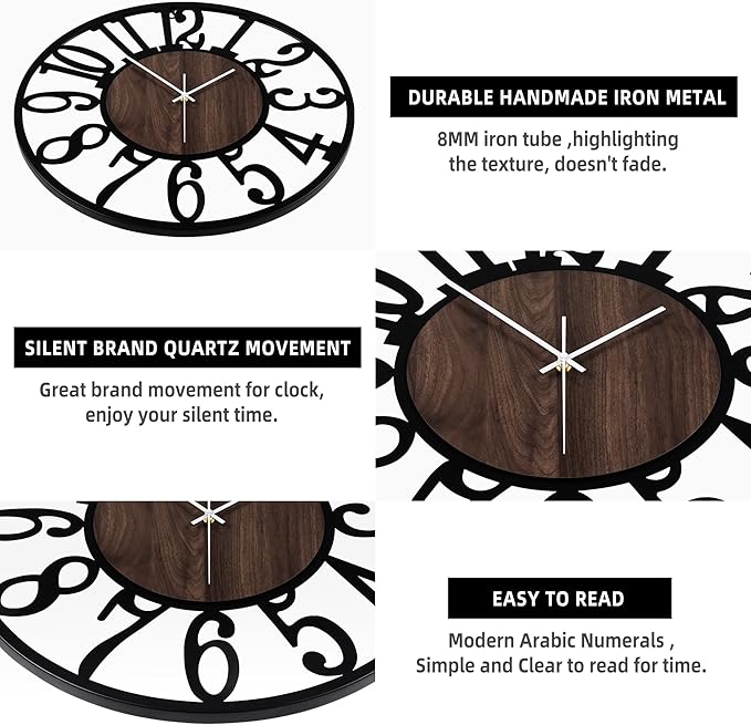 1st owned Large Wall Clock for Living Room Decor- 20" Decorative Antique Silent Non Ticking,Battery Operated,Black Metal,Wood Clocks for Farmhouse,Dining Room,Bedroom,Kitchen - Arabic Numerals