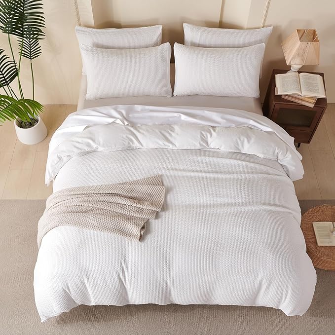 Queen Comforter Set Striped White - Soft Luxury Washed Microfiber Jacquard 3 Pieces Bedding Set for All-Season with 2 Pillowcases, Breathable Durable Comfy