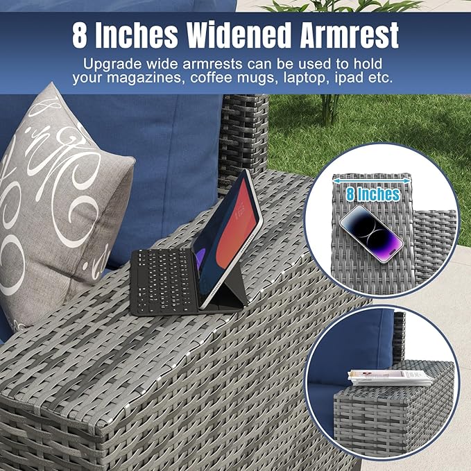 Aoxun 7 Pieces Patio Furniture Set with 40” Fire Pit Table Wicker Rattan Outdoor Sectional Conversation Set with Coffee Table and 4” Thickened Cushions, Blue(Waterproof Cover Included)