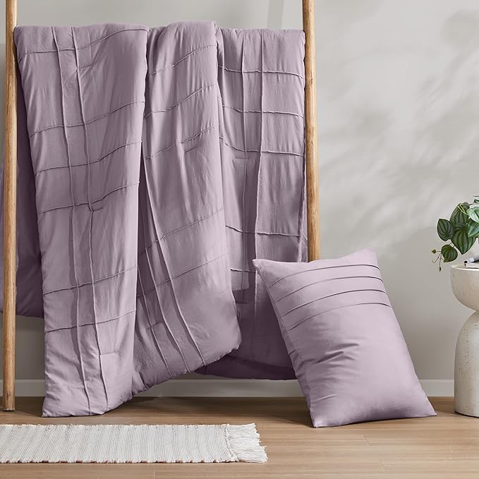 Comfort Spaces Purple Twin Size Comforter Set - 2 Pieces Pintuck Pleated Bedding Sets, All Season Lightweight, Extra Softness Pre-Washed Microfiber Bed Set, Shams