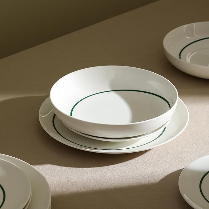 Stone Lain Luna 12-Piece Porcelain Dinnerware Set, Plates and Bowls Set, Dish Set for 4, Green