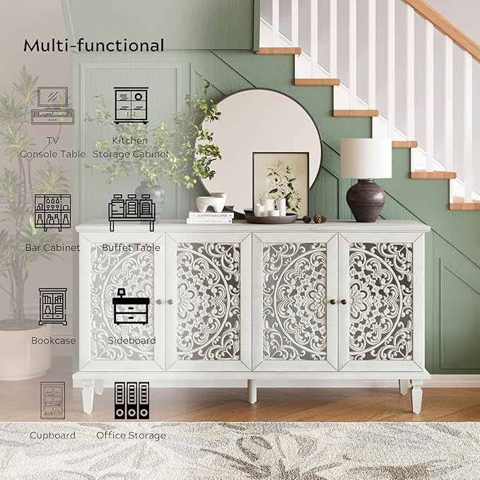 Retro 60'' Large Storage Cabinet Sideboard with 4 Hollow-Carved Doors and Adjustable Shelves, Acacia Wood Vintage Entryway Console Table TV Stand for Living Room Dining Room (Antique White-LK)