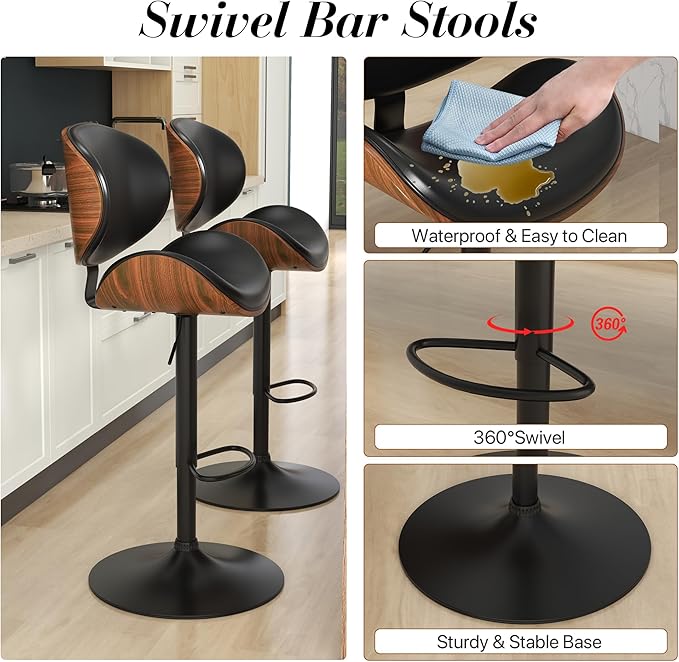 KCC Bar Stools Set of 3, Swivel Adjustable Height Barstools, PU Leather Upholstered Bar Chairs with Footrest, Bentwood Bar Stool for Kitchen, Bar, Dining Room(Black PU)