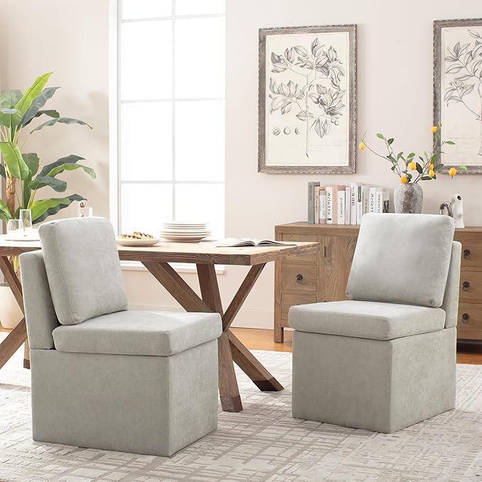VKNOW Upholstered Dining Chairs, Modern Kitchen Chairs with Storage, Linen Armchair Dining Room Chairs for Kitchen Room (Light Grey, Set of 1)