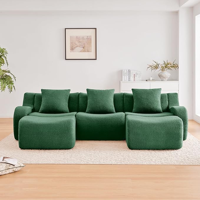 Green U-Shaped Cloud Couch with 2 Ottomans, Modern Teddy Fabric Boneless Sectional Sofa in a Box for Living Room, Modular Floor Couch, Deep Seat, No Assembly Required, Sofas para Sala