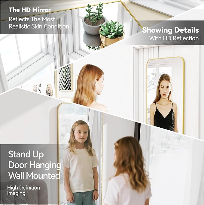 57x20 Door Hanging Full Length Mirror, Floor (Height 5.7ft just Body in 1.3ft) or Wall Mounted Metal Frame Rectangle Dressing Mirrors for Bedroom Bathroom Living Room 57 inch Gold