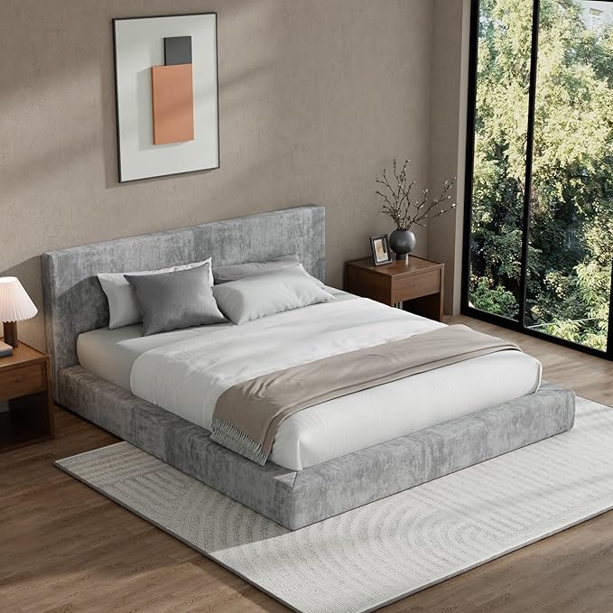 RECCI Cloud Upholstered Queen Bed Frame with Headboard, 5 Inch Foam Padded Platform, No Box Spring, Easy Assembly (Moon)