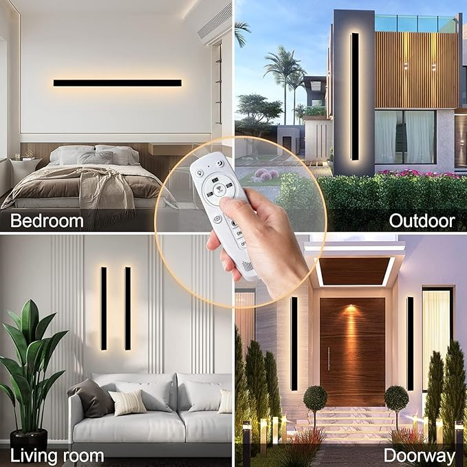 Outdoor Sconce Lights, 3000-6000K Outdoor Sconce Exterior Light, Ip65 Waterproof 3CCT Color Selectable Long Strip Wall Sconce with Remote, Black Linear Wall Mount Lighting for Garage 59in