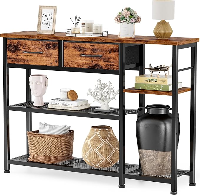 Furnulem 44'' Entryway Table, Industrial Console Sofa Table with Metal Mesh Storage Shelves, Shoe Rack Display Shelf for Front Door, Couch, Kitchen, Fabric Drawers, Rustic Brown