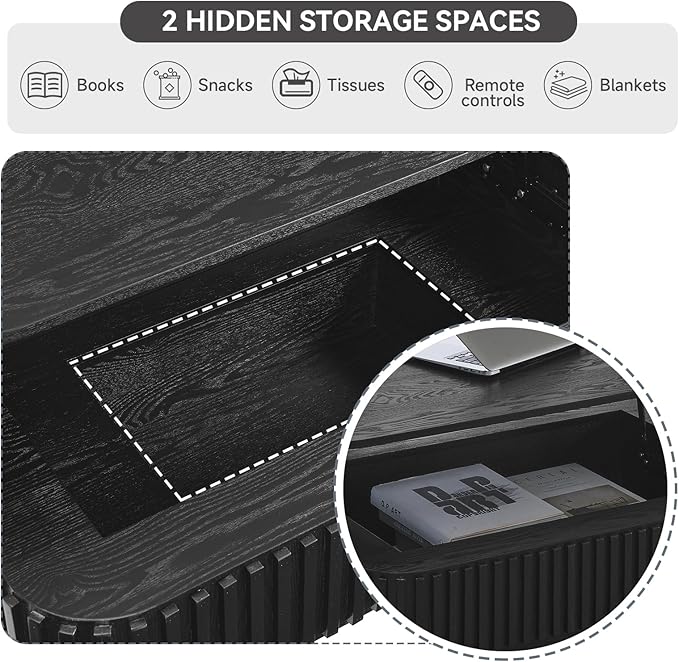 Lift Top Coffee Table for Living Room,Rectangle Handmade Solid Wood Strips, Fluted Coffee Table with Hidden Storage Compartment for Small Space Office Apartment (38.6"L×26.8''W×13.8''H-Black)