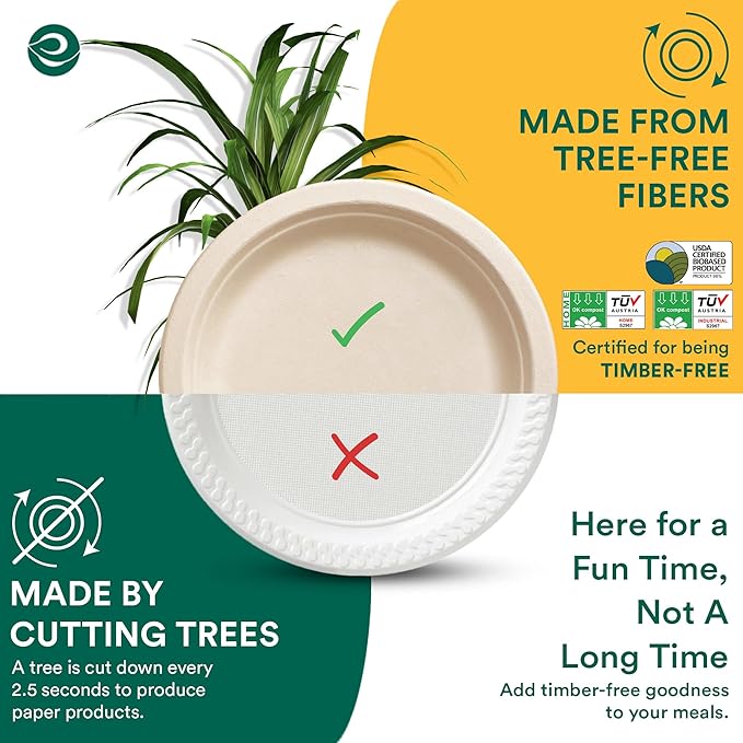 ECO SOUL 100% Compostable Paper Plates 10 Inch [100-Pack] Biodegradable Heavy Duty Eco-Friendly Disposable Plates for Christmas Dinner, Parties, Wedding & Event