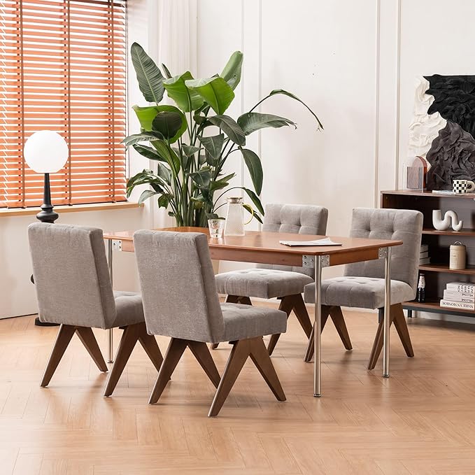Rowill Modern Upholstered Dining Chairs Parsons Chair Linen Fabric Kitchen Chairs Tufted Armless Dining Room Chairs with Wood Legs Set of 2, Light Grey