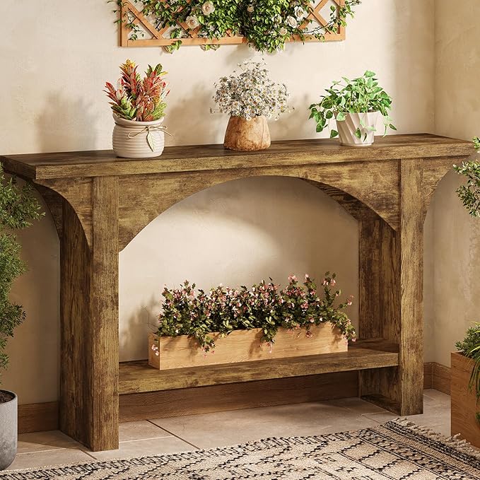 55 Inches Console Table,2 Tier Farmhouse Entryway Table,Narrow Wood Accent Tables with Storage Shelves for Living Room,Entrance,Hallway,Foyer (Brown)