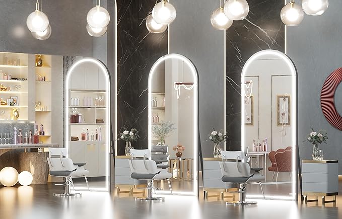 Hasipu 71" x 24" Led Mirror Full Length, Arch Mirror Full Length with Lights, Floor Full Body Glass with Stand,Tempered Glass,Shatter-Proof, Dimming & 3 Color for Bedroom Cloakroom-UL