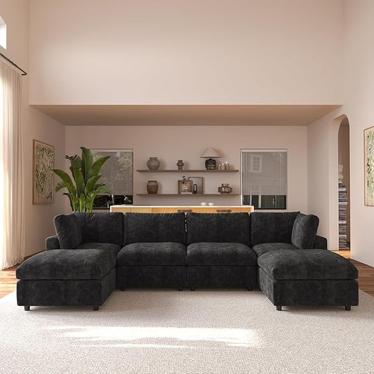 JACH U Shape Sectional Couches for Living Room, Modular Sofa with Chaise Ottomans, Cloud Sectional Couch, Sofa Covers Washable, Minimalist Couch for Living Room, Apartment, Black