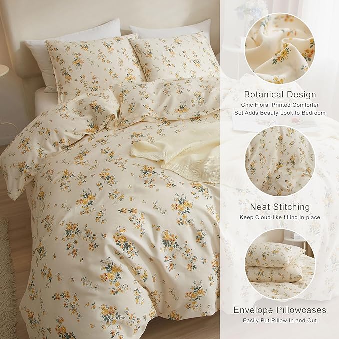 EAVD Fresh Yellow Floral Comforter Set Twin XL White Soft Microfiber Chic Floral Bedding Set 1 Twin XL Comforter and 2 Pillowcases Garden Botanical Comforter Set for All-Season