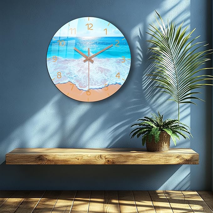 Coastal Wooden Wall Clock Battery Operated 10 Inch Beach Silent Wall-Clock Non Ticking Analog Blue Wall Clocks for Bedroom, Office Decor