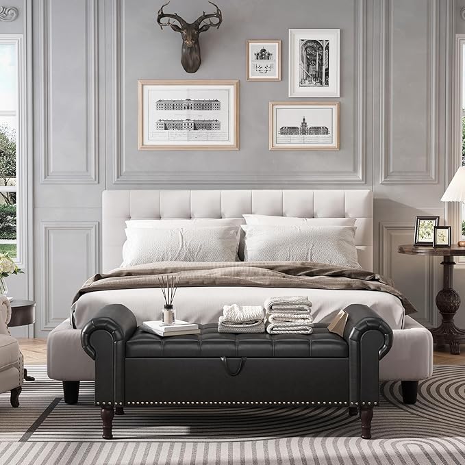 Apicizon 51” Bench with Storage, Queen Size Faux Leather End of Bed Bench with Tufted Button, Ottoman Bench with Rolled Arms & Vintage Rivets for Foot of Bed, Living Room, Entrance, Black