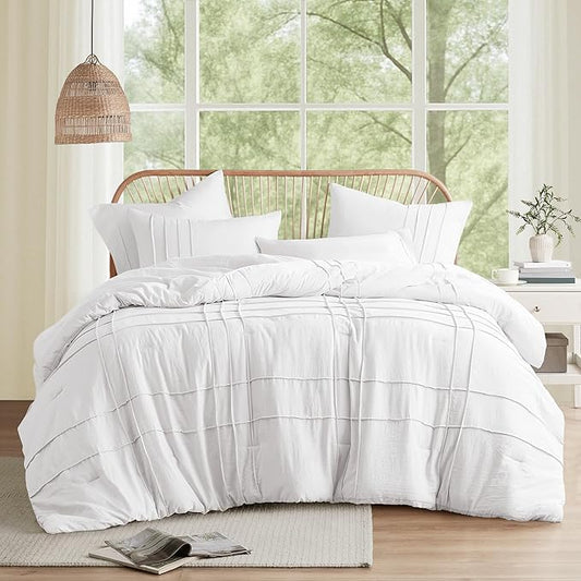 Comfort Spaces White King Size Comforter Set - 3 Piece Pintuck Pleated Bedding Set, All Season Lightweight, Extra Softness Pre-Washed Microfiber Bed Set, Shams