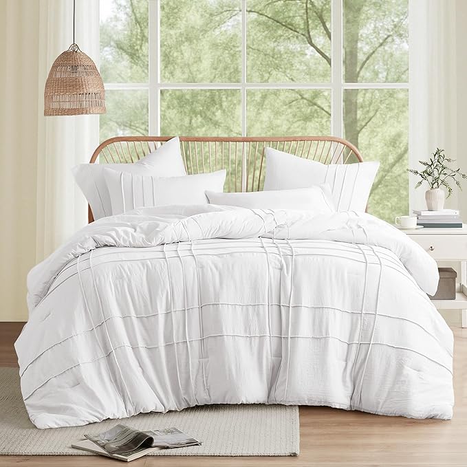 Comfort Spaces White Twin Size Comforter Set - 2 Pieces Pintuck Pleated Bedding Sets, All Season Lightweight, Extra Softness Pre-Washed Microfiber Bed Set, Shams