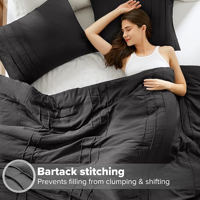 Comfort Spaces Black Twin Size Comforter Set - 2 Pieces Pintuck Pleated Bedding Sets Twin, All Season Lightweight, Extra Softness Pre-Washed Microfiber Twin Bed Set, Shams, Twin/Twin XL