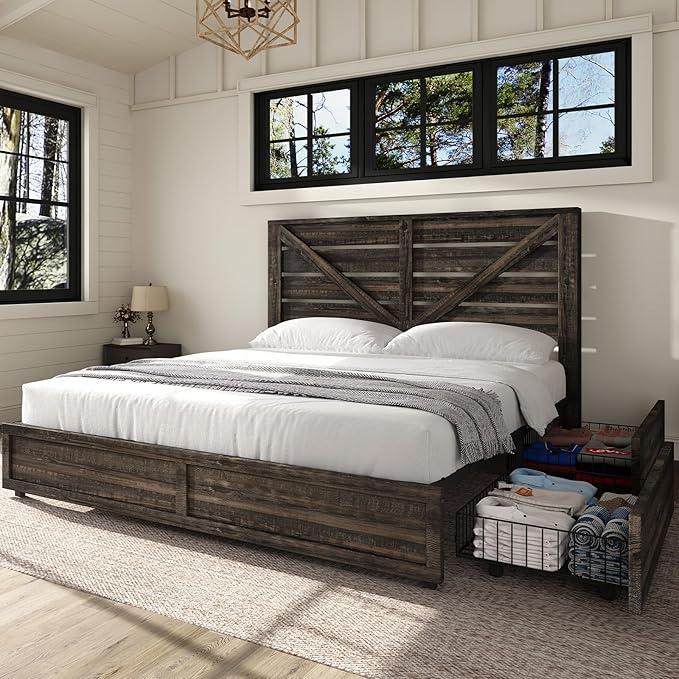 AMERLIFE Queen Size Farmhouse Bed Frame with 4 Drawers, Wooden Storage Bed Frame with Headboard and Heavy Duty Metal Slats, Noisy Free, Easy Assemble, Rustic Black