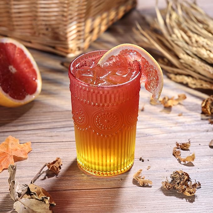 6pcs Vintage Drinking Glasses Set, 12 oz Glass Cups, Embossed Ribbed Christmas Glassware Water Tumblers for Cocktail, Water, Juice, Milk, Whiskey