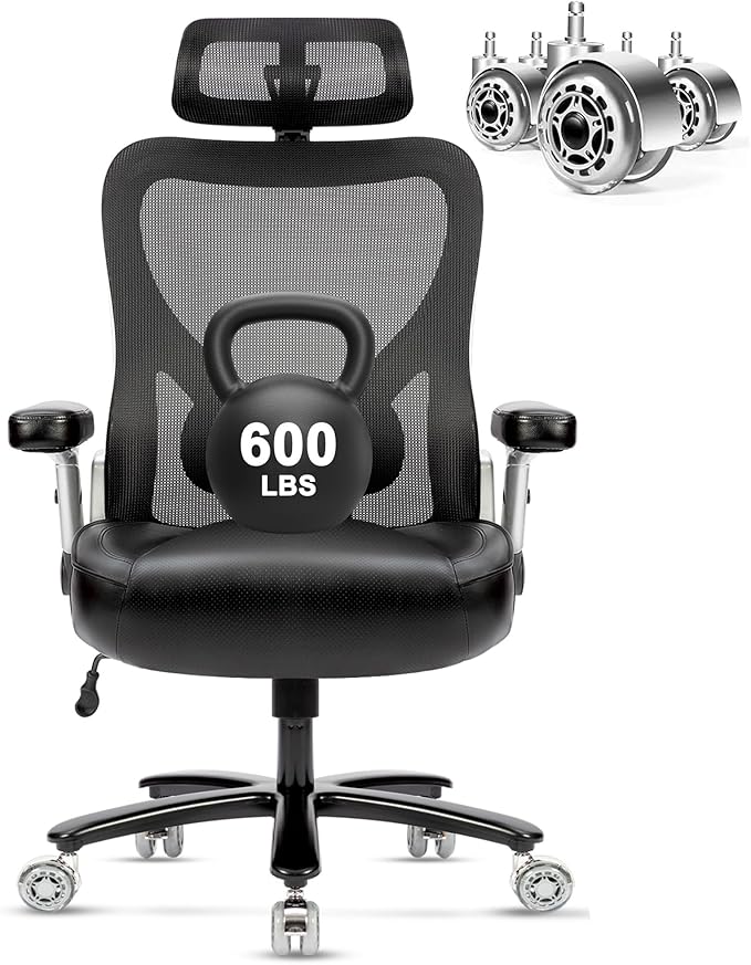 Big and Tall Office Chair 600lbs- Heavy Duty Executive Computer Chair with Rubber Wheels 3D Flip Arms, Ergonomic Mesh High Back Desk Chair, Extra Wide Seat Adjustable Lumbar Support & Headrest