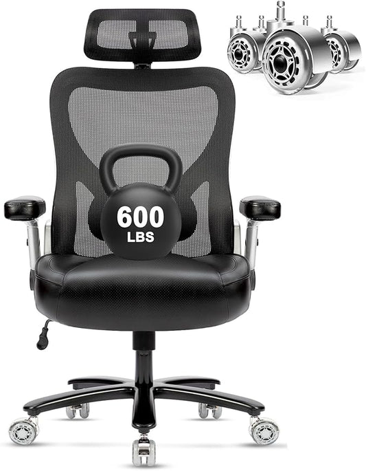 Big and Tall Office Chair 600lbs- Heavy Duty Executive Computer Chair with Rubber Wheels 3D Flip Arms, Ergonomic Mesh High Back Desk Chair, Extra Wide Seat Adjustable Lumbar Support & Headrest