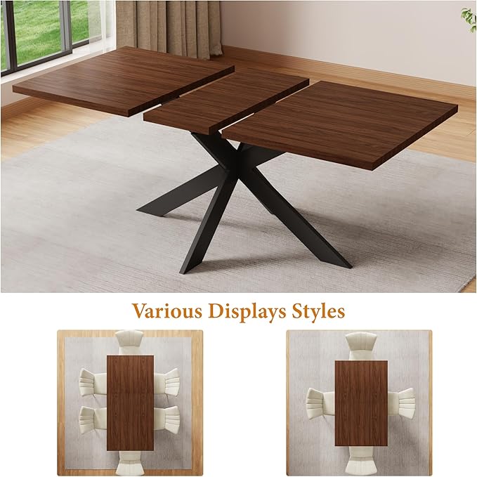 ZckyCine Modern 7-Piece Dining Table Set, 51''-67'' Extendable Walnut Wood Rectangular Table with Metal Legs and 6 PU Leather Chairs, Kitchen & Dining Room Furniture for 6, Easy Assembly