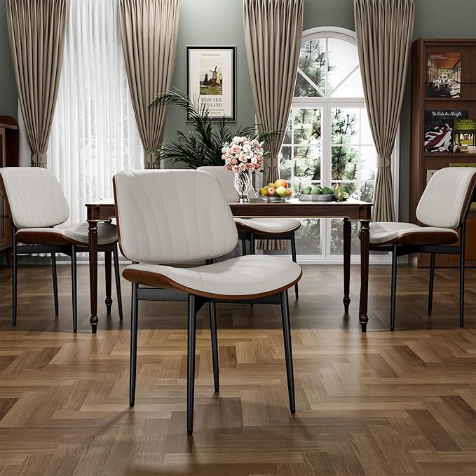 Dining Chairs Set of 4, Dining Room and Kitchen Chairs, Mid Century Modern Accent Chair, Upholstered PU Leather Chairs for Vanity with Walnut Bentwood and Metal Legs, Beige