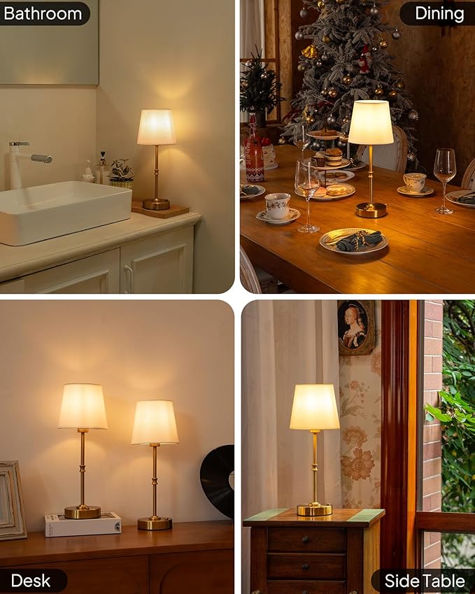 EppieBasic Cordless Table Lamp Rechargeable: Fast Charging & Long Lasting - 2700K Warm Light Vintage Gold Lamps for Women Housewife - Dinning Living Room Bedroom - 2 Pack