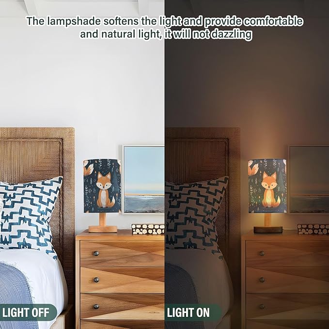 Bedside Lamp Cute Fox Animal Table Lamp with USB Port Wood Base for Living
