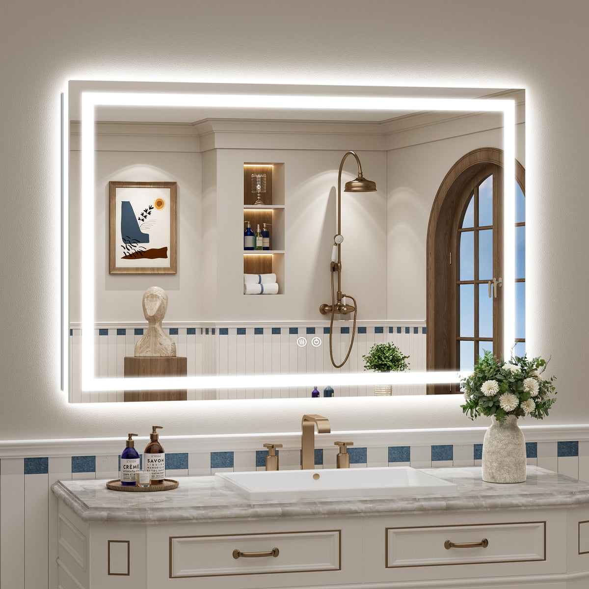 VEEYLOS 48x32 Inch LED Bathroom Mirror with Lights, Backlit & Front Lit