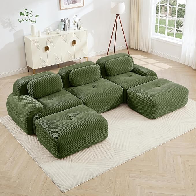 Green Ottoman for Modular Sectional Sofa, Corduroy Deep Seat for Oversized Compressed Boneless Sectional Couches for Living Room Bedroom Apartment, Cloud Sofa Couch Set, Memory Foam, No Assembly