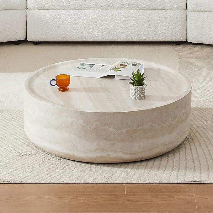 Round Coffee Table 31.49'' Marble Pattern Drum Shaped Coffee Table Fiberglass Cocktail Table Center Table for Living Room ome Office, Fully Assembled, White