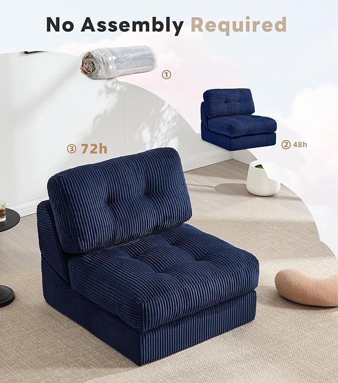 Tbfit Folding Sofa Bed, Convertible Sleeper Chair with Large Pillow, Corduroy Folding Couch Bed, Portable & Foldable Mattress Boneless Floor Sofa for Living Room, Bedroom, Office, Blue, Single