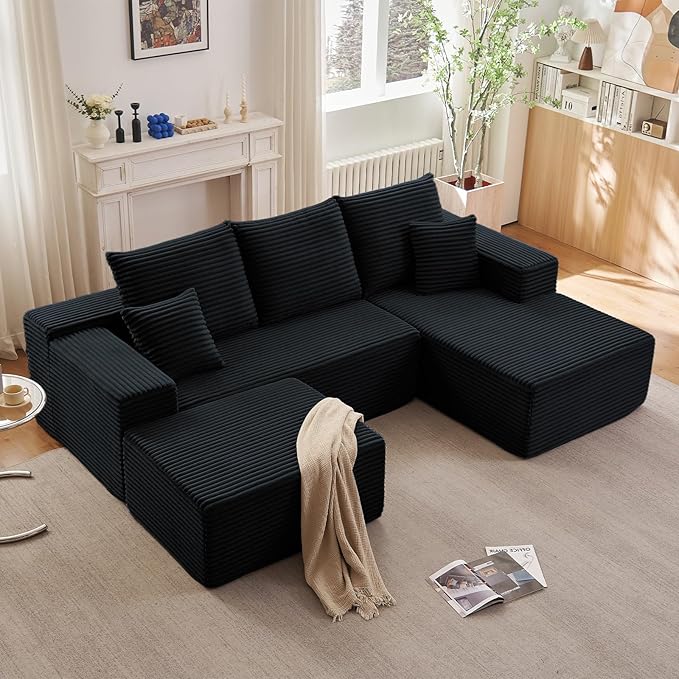 107" U-Shape Cloud Couch, Modern Modular Sectional Comfy L-Shape Sofa with Ottoman, Deep Seat, Upholstered Corduroy Sleeper Chaise Longue for Living Room Bedroom, No Assembly Required, Black