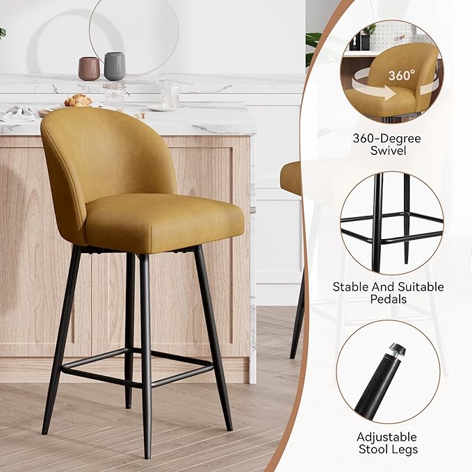 Counter Height Bar Stools Set of 4,360° Swivel Barstools with High Back and Metal Legs,26" Seat Height, Upholstered PU Leather Bar Chairs for Kitchen Island, Dining Room,Cafes,Yellow