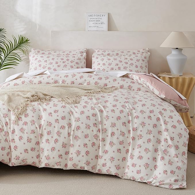 King Size Floral Comforter Set 3 Pieces Soft Cute Fresh Floral Bedding Comforter Lightweight Garden Style King Floral Botanical Comforter Set for All Seasons 1 Comforter and 2 Pillowcases