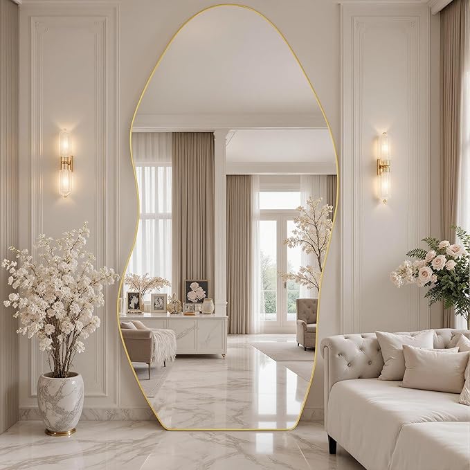Antok Full Length Mirror, 81"x41" Floor Mirror with Stand, Standing Hanging Leaning Irregular Mirrors for Bedroom Living Room Entryway, Wavy Shaped, Golden