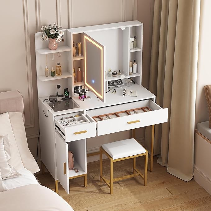 IDEALHOUSE Vanity Desk with Mirror and Lights, 42.5" Makeup Vanity Set with Stool, Makeup Table with Mirror Cabinet and Chair, Drawers & Shelves, Dressing Table with Outlet for Bedroom, White