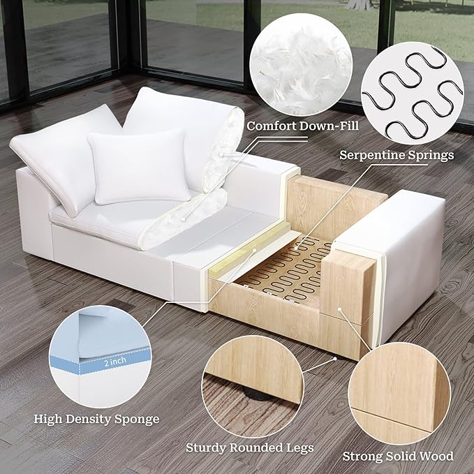 Modular Sectional Cloud Sofa Couch,L Shape 2 Seaters with Chaise Modern Down Filled Sofas Detachable Couch Cushion Covers Couches for Living Room Office Apartment,White