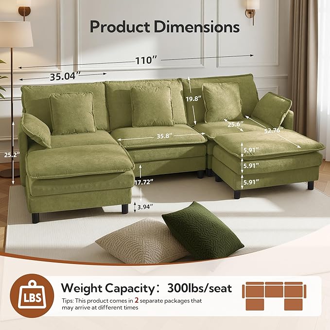 Claiks 110" Modular Sectional Sofa, Cloud Couch with Ottoman, U-Shaped 5-Seater Sofa in Chenille Fabric, Deep Seat Comfy Couch with Pillows for Living Room & Offices, Green