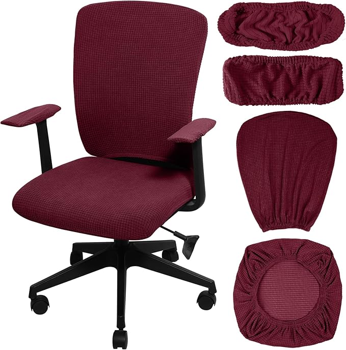 Tallew 4 Pcs Office Chair Covers Set Computer Universal Protective Stretchable Chair Seat Covers Desk Armrest Slipcovers Pads Office Cushion Backrest for Rotating (XL,Burgundy)