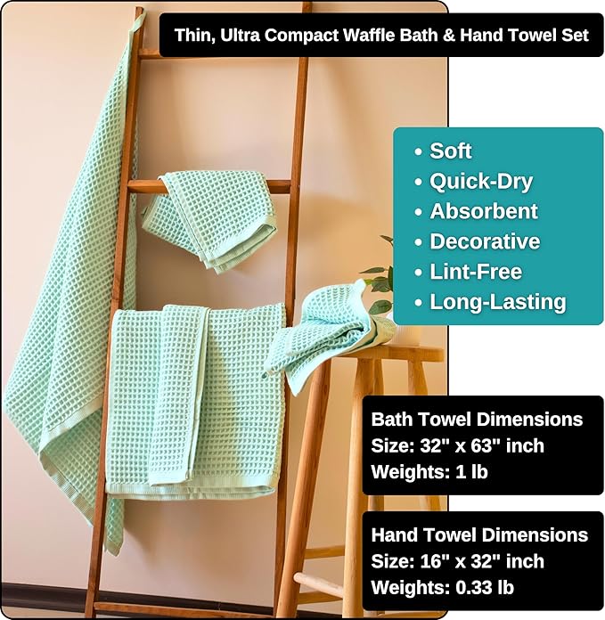 Püskül - Luxury Waffle Towel Set for Bathroom 4 Pieces Ice Green, Premium Quality Organic 100% Turkish Cotton 2 Hand and 2 Bath Towels Sets, Quick Dry Thin Waffle Towels, Made in Turkiye (Ice Green)