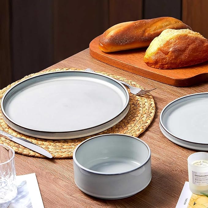 LIANYU Stoneware Dinnerware Dishes Sets for 4, 12 Piece Ceramic Plates and Bowls Dishware Set for Pasta Dessert Cereal, Rustic Terracotta Bottom, Microwave & Dishwasher Safe, Lucent White